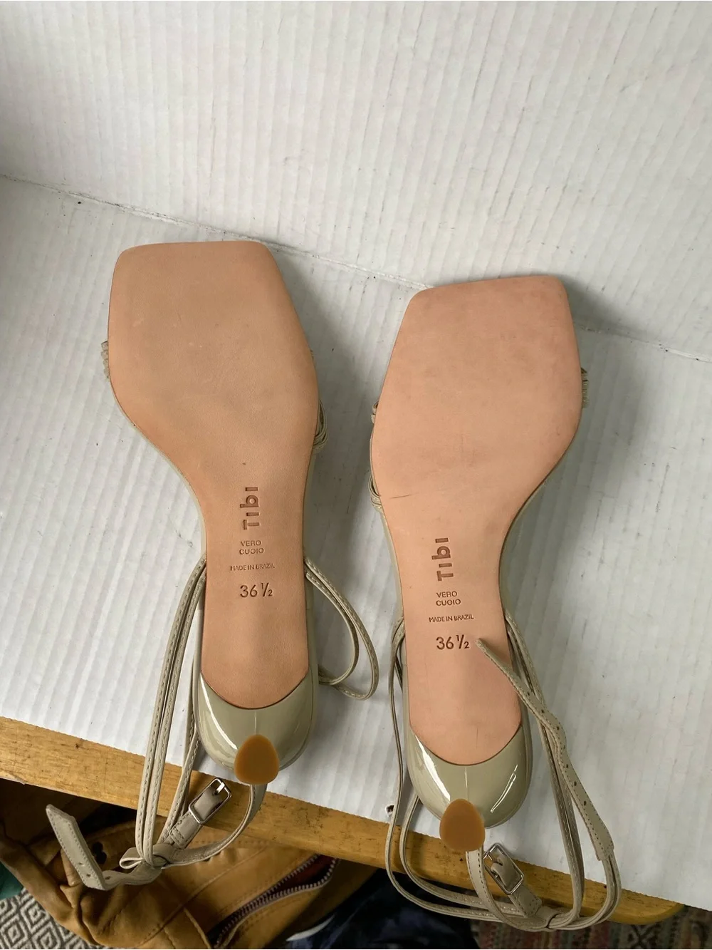 NWOT • TIBI Harper Leather Square Toe Strappy Kitten Heel Sandal Taupe 6.5